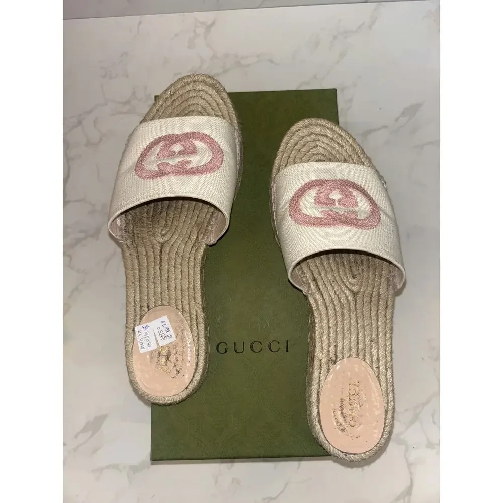 Gucci Espadrille Slides in Cream with Pink Logo - Picture 5 of 5